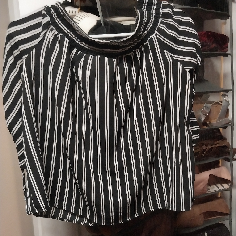 Polly n Esther black and white strip off shoulder top size L